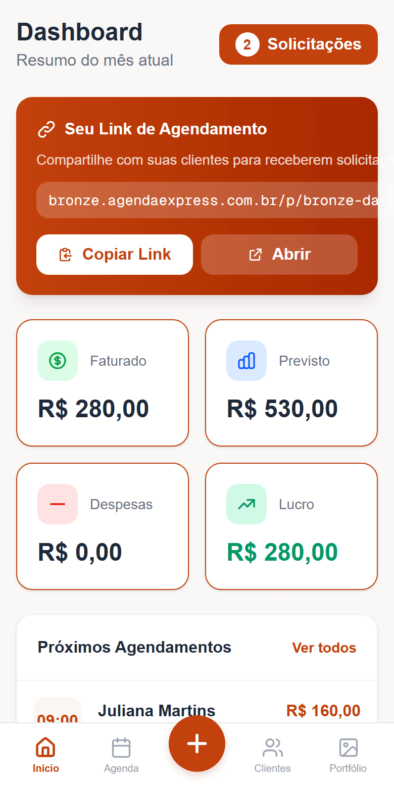 Painel do Bronze Express: faturado e previsto do mês, link de agendamento