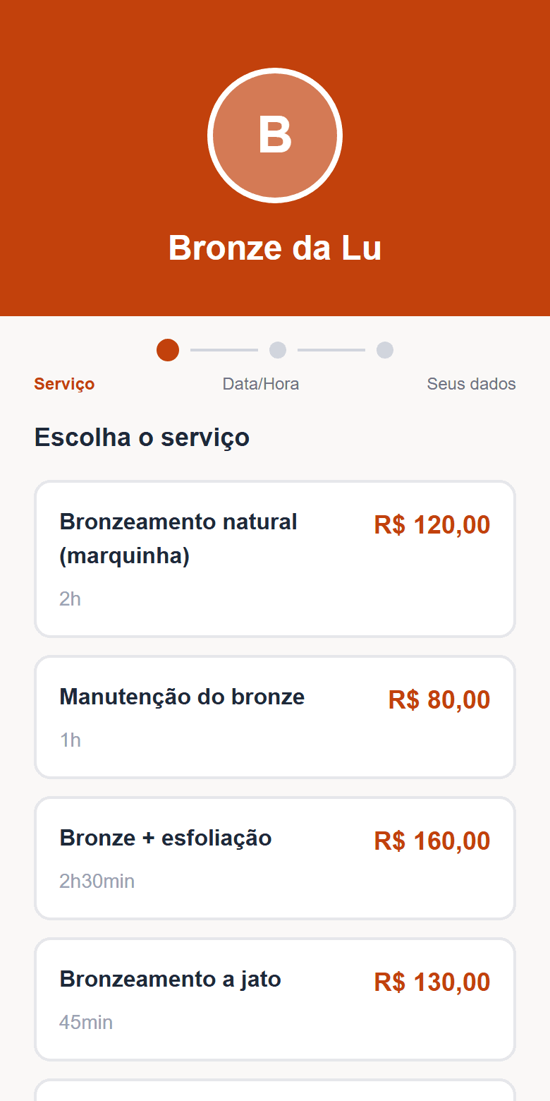 Página de agendamento real do Bronze Express: a cliente escolhe serviço, data e horário