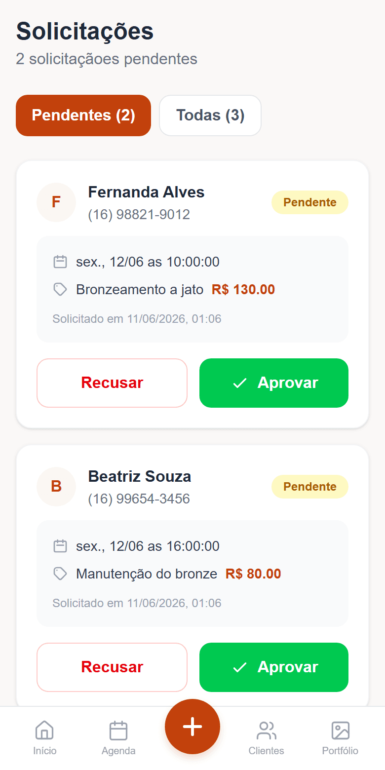 Tela de solicitações do Bronze Express: pedido de horário com botão Aprovar